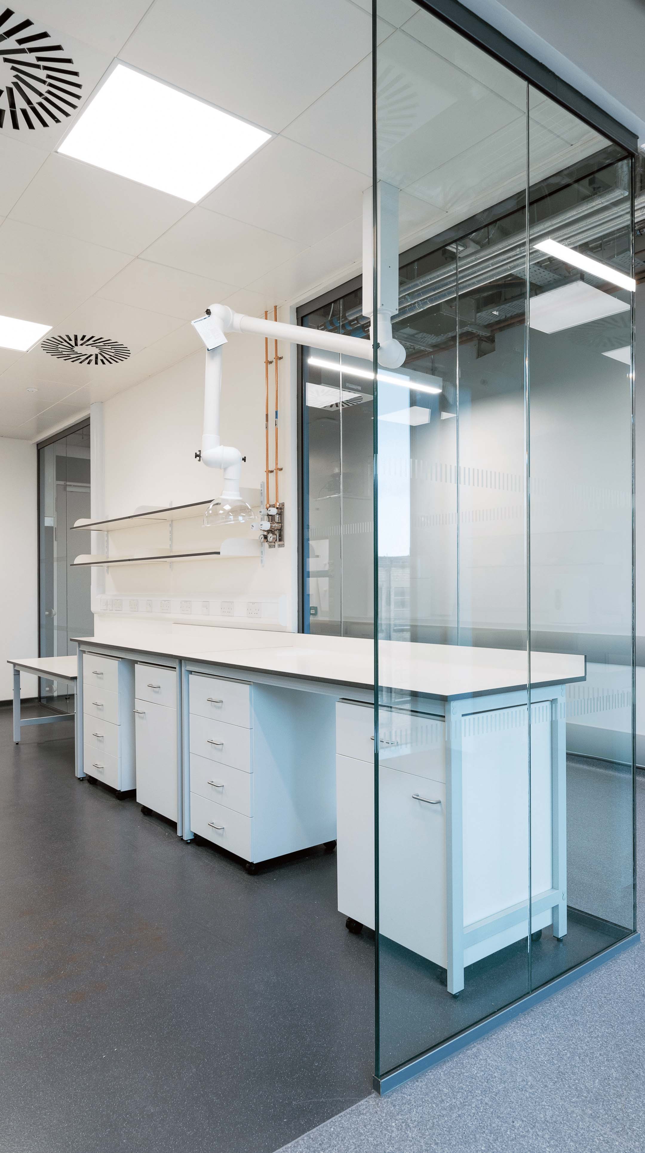 laboratory furniture against curtain walling